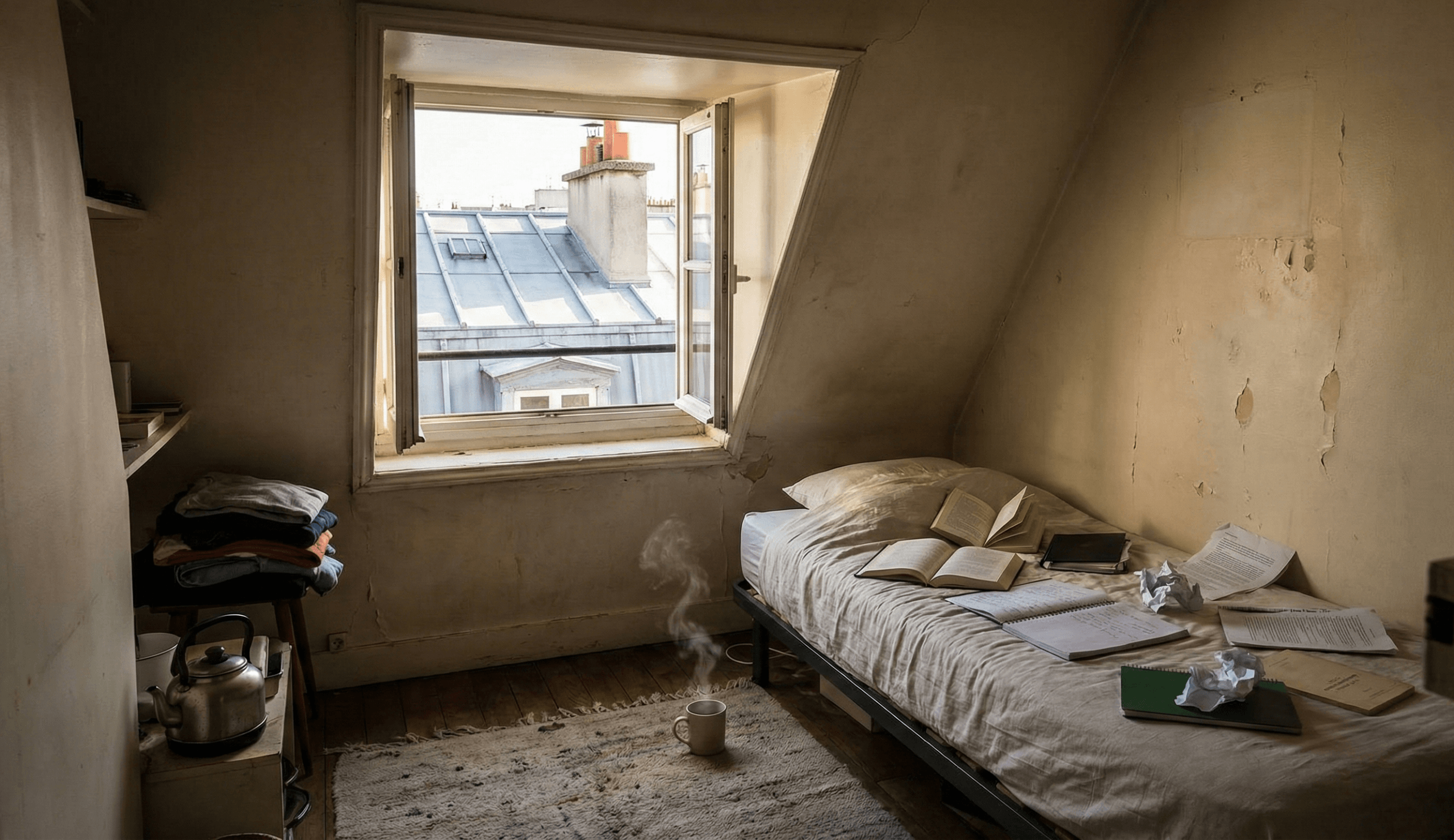 A tiny sunlit attic room in Paris filled with books with an open window looking out over the citys zinc rooftops.