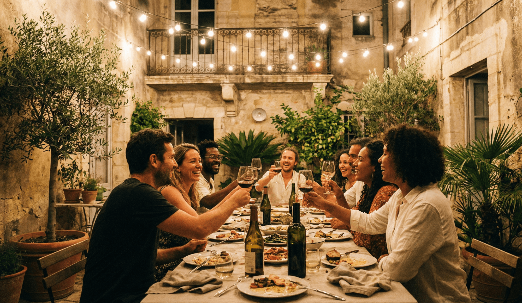 A warm candid dinner party in a hidden courtyard with diverse travelers and locals sharing a meal and laughing under string lights.
