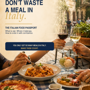 Featured: Don’t Waste a Meal in Italy Italian Food Passport digital guide What’s Inside: Pages inside the Italian Food Passport regional food guide Mobile and Print: Italian food travel guide shown on a phone with printable passport pages Pain Point: Visual guide to choosing regional dishes and understanding Italian menus